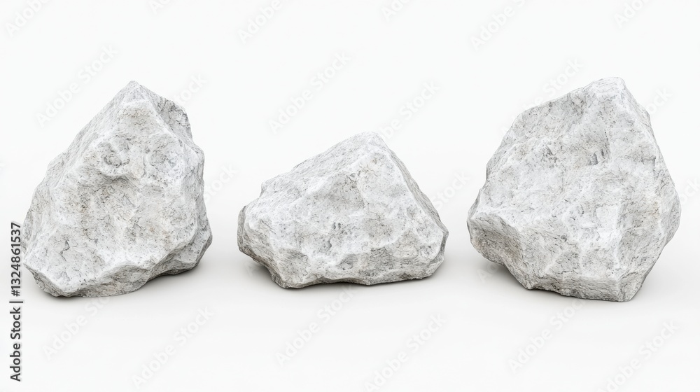 Three gray rocks of varying sizes and shapes, arranged in a row. Three gray rocks of varying sizes and shapes, arranged in a row.