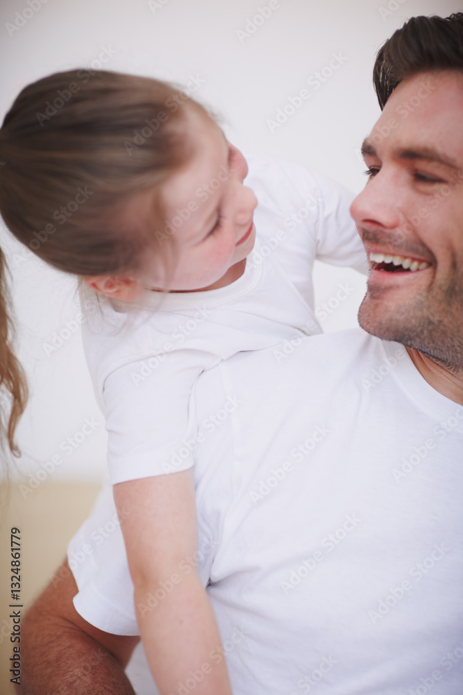 Daughter, dad and morning for laughing in home, hug and love for kid in childhood relationship. Happy, humor and embrace for protection or security, support girl and gratitude to father in bedroom Daughter, dad and morning for laughing in home, hug and love for kid in childhood relationship. Happy, humor and embrace for protection or security, support girl and gratitude to father in bedroom