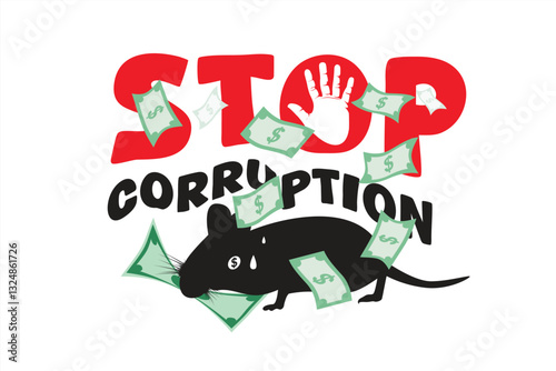 Anti-corruption campaign. Vector illustration about stop corruption. Illustration of black rat biting money