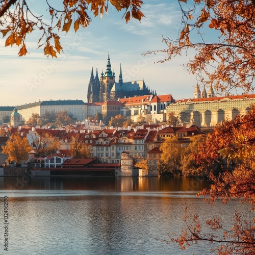 Prague castle in autumn by Vltava.