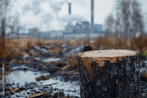 Wallpaper Mural Close-up of a tree stump against the backdrop of a factory building Torontodigital.ca