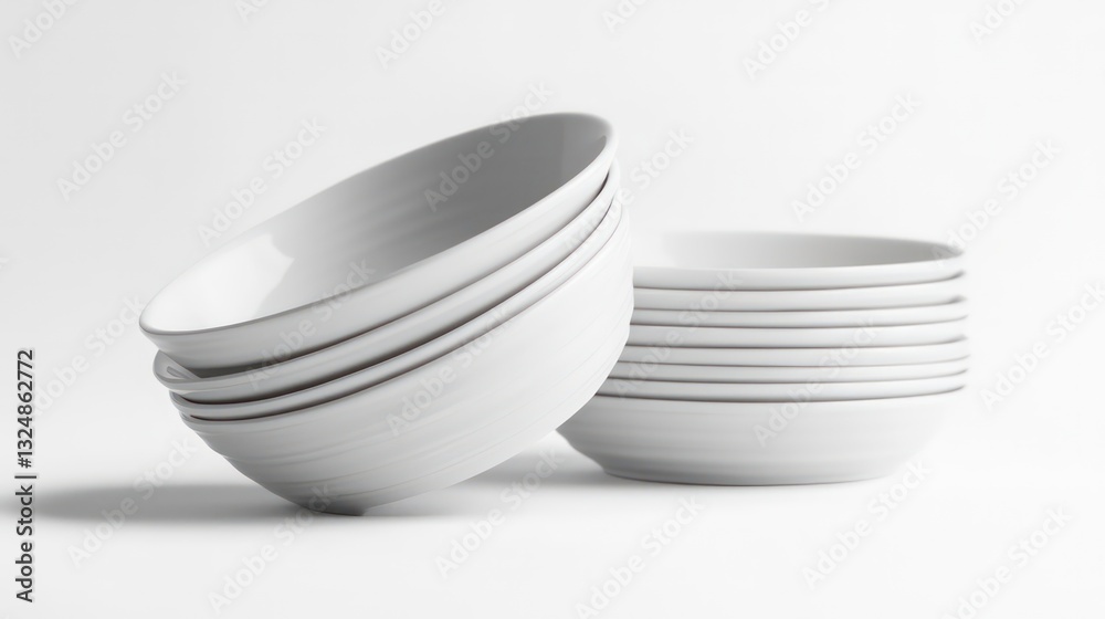 Stack of white ceramic dinnerware including plates and bowls, isolated on white. Suitable for kitchen, dining, or tableware themes Stack of white ceramic dinnerware including plates and bowls, isolated on white. Suitable for kitchen, dining, or tableware themes