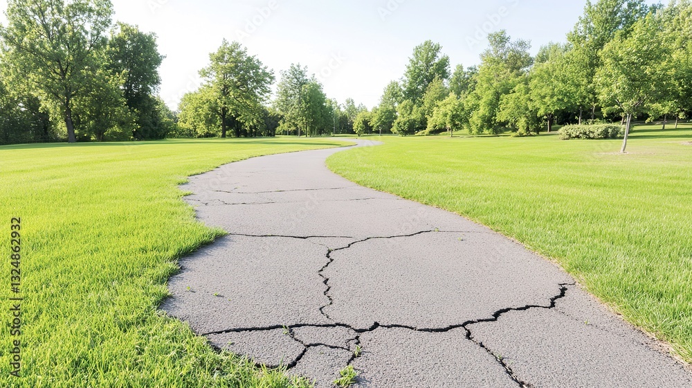 Obraz premium Cracked path through lush green park with trees on a sunny day