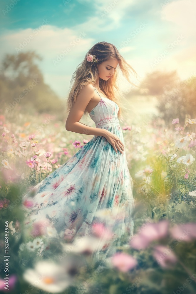 Obraz premium Beautiful woman in elegant long skirt dancing walking in wild flower field in Spring.