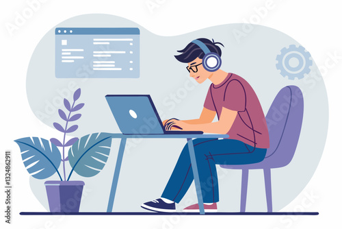 Flat vector illustration of a young male developer sitting at a desk with a laptop, writing code on the screen. He wears casual clothes, glasses, and headphones. Blue and purple tones, minimalistic an