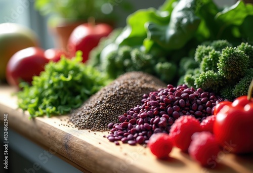 close vibrant superfoods highlighting nutritional benefits colorful display ingredients health effects visual appeal, acai, antioxidants, avocado, berry