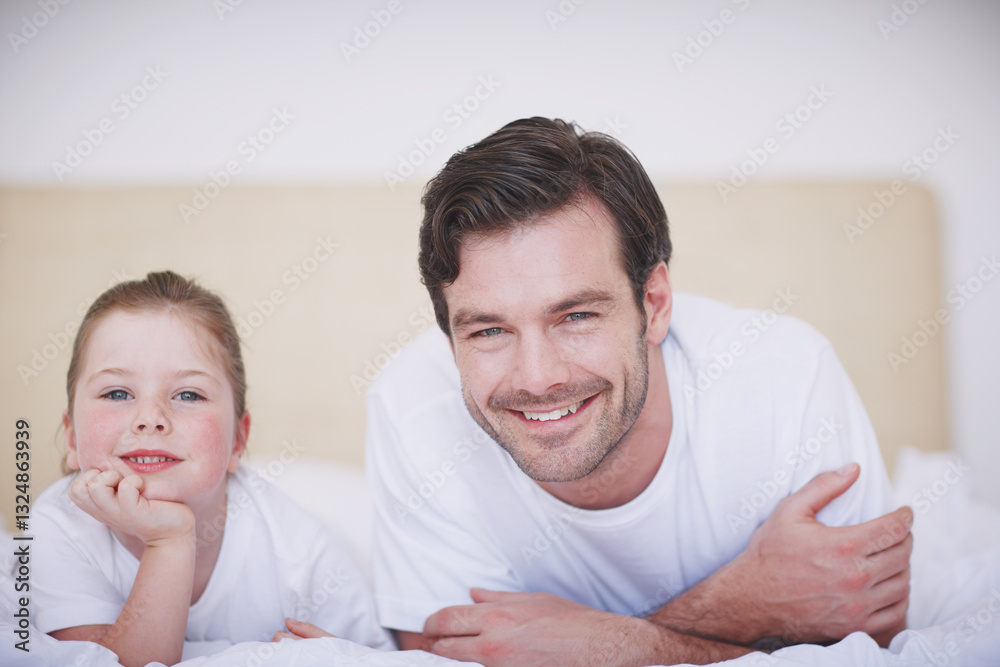 Daughter, portrait and morning to relax with dad, home and love for kid in childhood relationship. Peace, comfortable and protection or security, support girl and happiness with father in bedroom Daughter, portrait and morning to relax with dad, home and love for kid in childhood relationship. Peace, comfortable and protection or security, support girl and happiness with father in bedroom