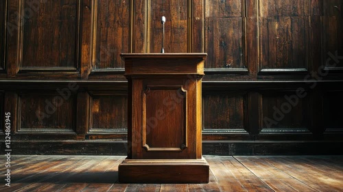 Empty wooden podium in dimly lit mahoganywalled room