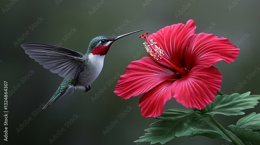 Naklejka premium Hummingbird feeding hibiscus, garden, blurred background, nature print