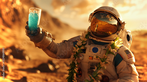 Fototapeta Naklejka Na Ścianę i Meble -  This astronaut toasts in celebration on a barren landscape, showcasing space tourism joy.