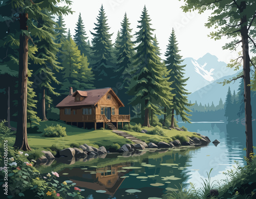 Wooden House Forest Near Lake Natural Stock Vector Isolated on white background