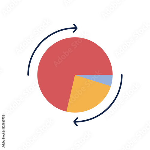 Flat vector illustration of a circular pie chart with segmented data and rotating arrows representing data analysis and statistics