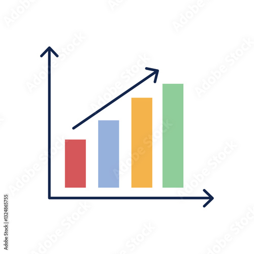 Flat vector illustration of a multicolored bar chart with an upward trend arrow representing business growth and financial statistics