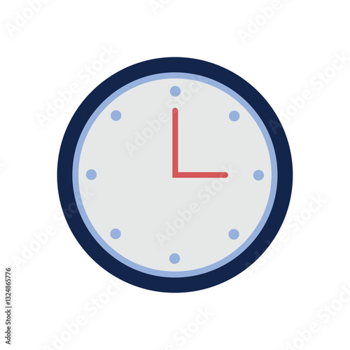 Flat vector illustration of a wall clock showing time with simple round design and minimal markings