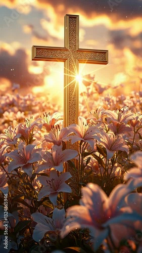 golden cross among blooming lilies at sunset, symbolizing resurrection, faith, and eternal life in christian traditions, associated with easter, remembrance, and spirituality