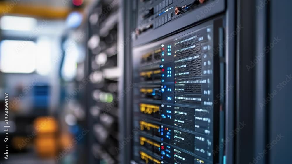 Innovative digital production process visualized on a server room display, showcasing complex data analysis and advanced technology in a modern data center environment