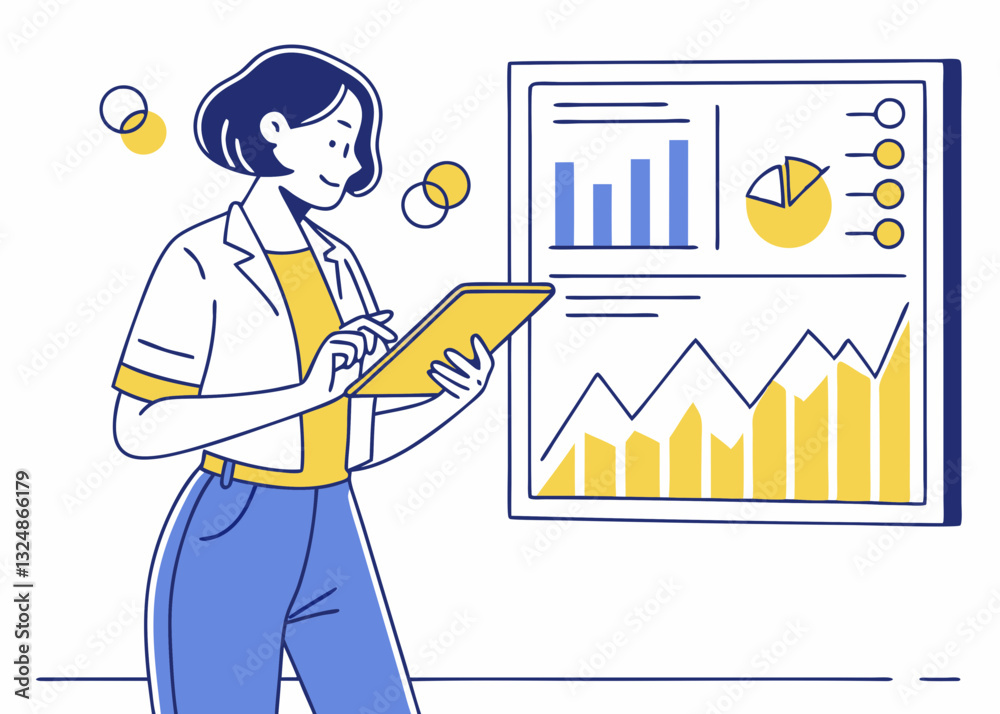 Vector illustration of a professional female data analyst holding a tablet, analyzing graphs and statistics. Business-casual outfit, short hair, confident pose. Color scheme: blue, yellow, and white Vector illustration of a professional female data analyst holding a tablet, analyzing graphs and statistics. Business-casual outfit, short hair, confident pose. Color scheme: blue, yellow, and white