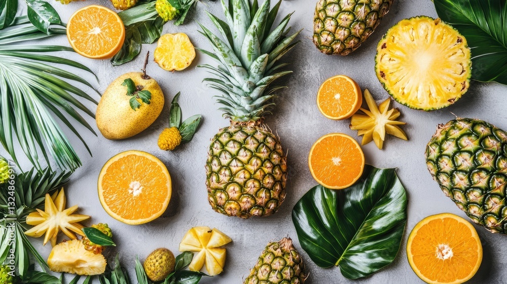 Assorted fruit on gray background. Pineapple, orange, pear, starfruit and leaves, flat lay arrangement Assorted fruit on gray background. Pineapple, orange, pear, starfruit and leaves, flat lay arrangement