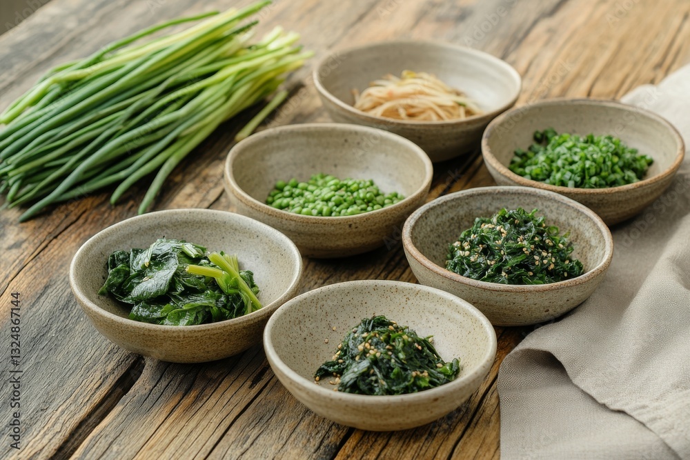 Traditional Korean spring namul dishes. Spinach, fern and wild chive dishes in bowls. Traditional Korean spring namul dishes. Spinach, fern and wild chive dishes in bowls.