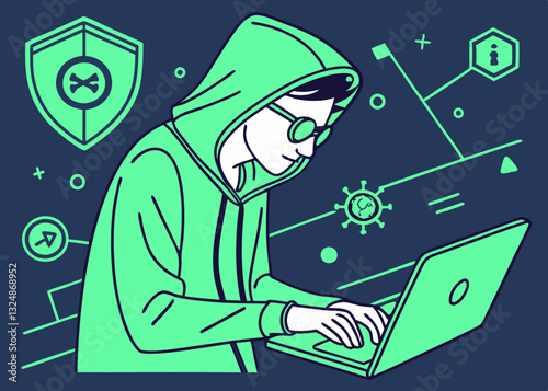 Flat vector illustration of a cyber security expert wearing a hoodie and glasses, typing on a laptop. Dark blue and neon green cyber-themed background.