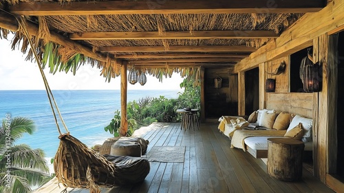 Remote island hideout with a woven palm leaf roof hanging lanterns and a makeshift desk made from driftwood embodying adventure and simplicity