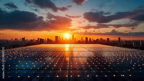 solar panels on a rooftop harnessing energy at sunset in a futuristic city, symbolizing renewable power and sustainability