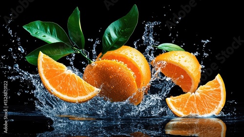 Water splashing on fresh oranges and orange slices with green leaves against a dark background showcasing vibrant colors