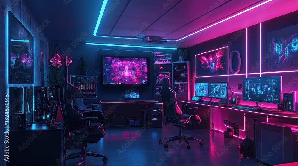 Neon-Lit Gamer's Paradise: Ultimate Setup with Dual Gaming Stations Neon-Lit Gamer's Paradise: Ultimate Setup with Dual Gaming Stations