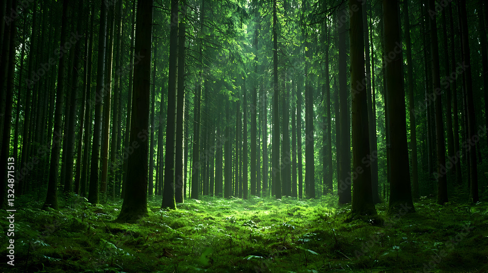 Fototapeta premium Dense Green Forest With Tall Trees And Sunbeams Through The Canopy