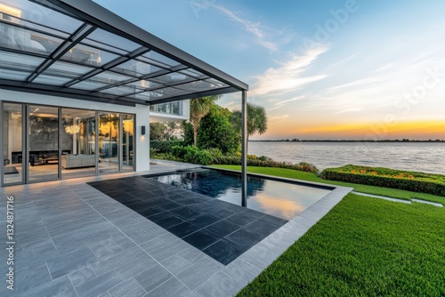 A modern architectural masterpiece, this photo features a large patio with a clear glass roof and a dark slate infinity pool, set against the backdrop of Florida's azure waters