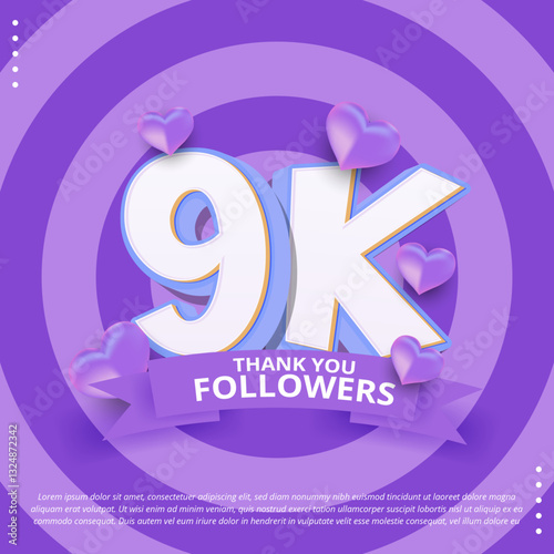 Thank you, 9k follower template design. Social media 9k follower celebrate poster vector design with colourful 3d lettering