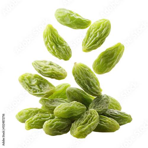 green raisins falling in the air isolated on transparent background, png