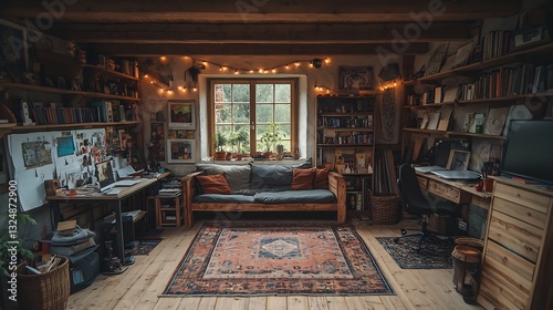 Rustic barn loft converted into a digital nomads retreat with wooden beams fairy lights and scattered art supplies for creative projects photo
