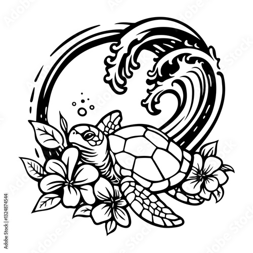 Turtle in an ocean wave with tropical flowers.