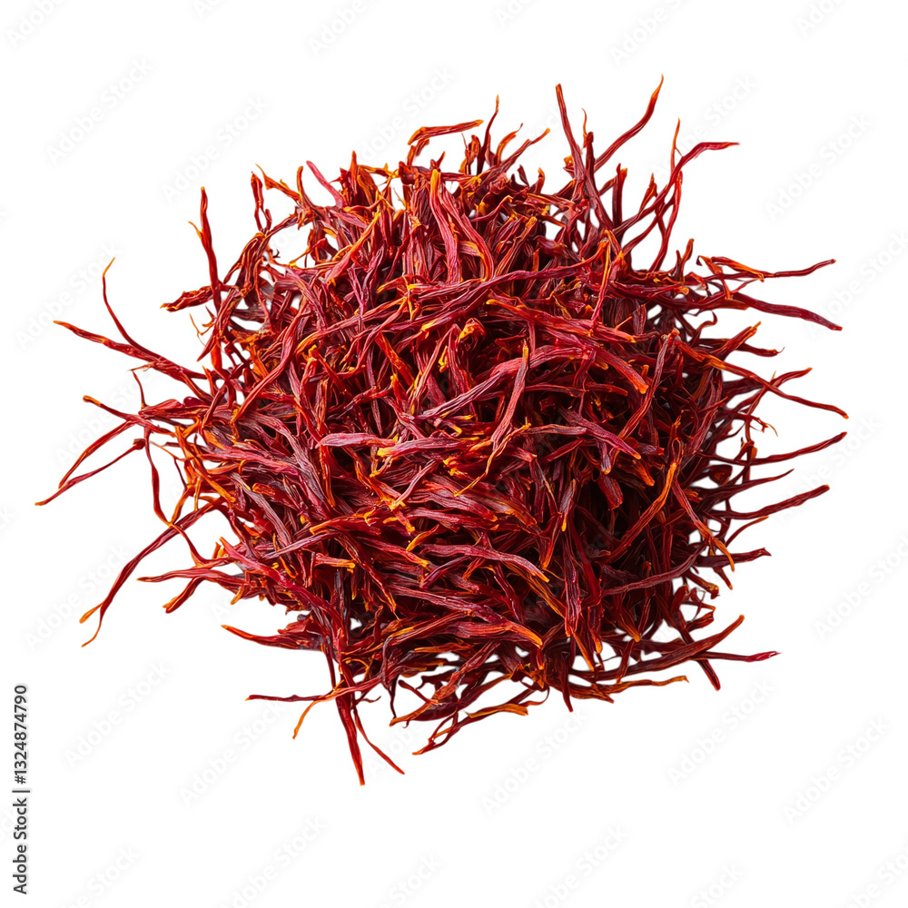 Naklejka premium Saffron threads loosely arranged, isolated on a white transparent background.