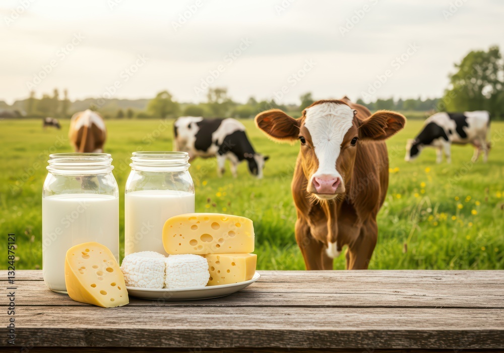 Fototapeta premium A village table with milk and cheese, a cow next to it, and behind it a green field with grazing herds under a blue sky
