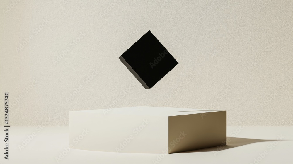 A black diamond shape is suspended in mid-air above a white cube. A black diamond shape is suspended in mid-air above a white cube.