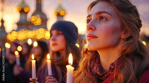 orthodox easter candlelight procession with believers holding candles in front of a church at sunset, faith and spirituality in religious celebration