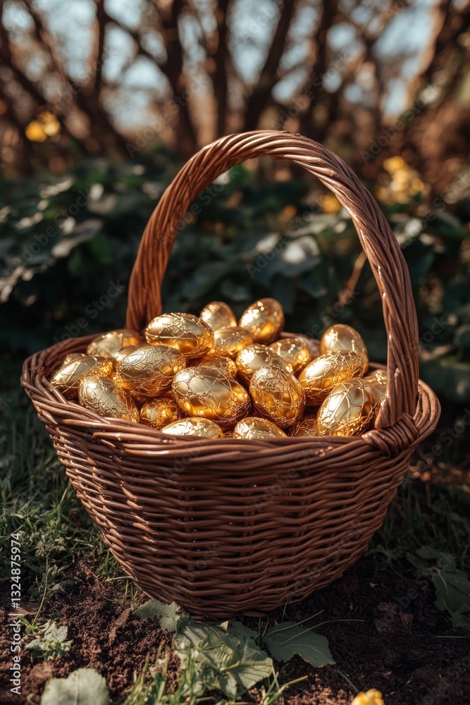 A basket full of chocolate eggs sitting in the grass A basket full of chocolate eggs sitting in the grass