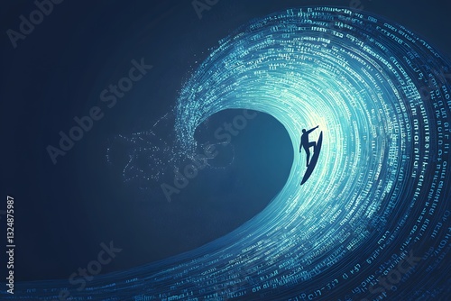 Riding Data Wave Silhouette of Person Surfing in Digital Ocean
