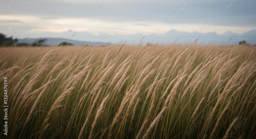 Golden Grass Swaying in Field Under Cloudy Sky Natural Serenity Golden Grass Swaying in Field Under Cloudy Sky Natural Serenity