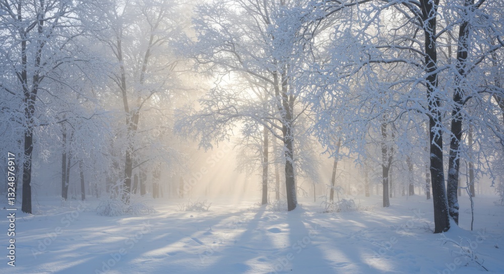 Snow Covered Trees and Ground in Winter Forest with Sunlight Streaming Snow Covered Trees and Ground in Winter Forest with Sunlight Streaming