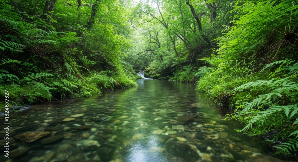 Exploring Crystal Clear River Flowing Through Lush Green Forest Landscape Exploring Crystal Clear River Flowing Through Lush Green Forest Landscape