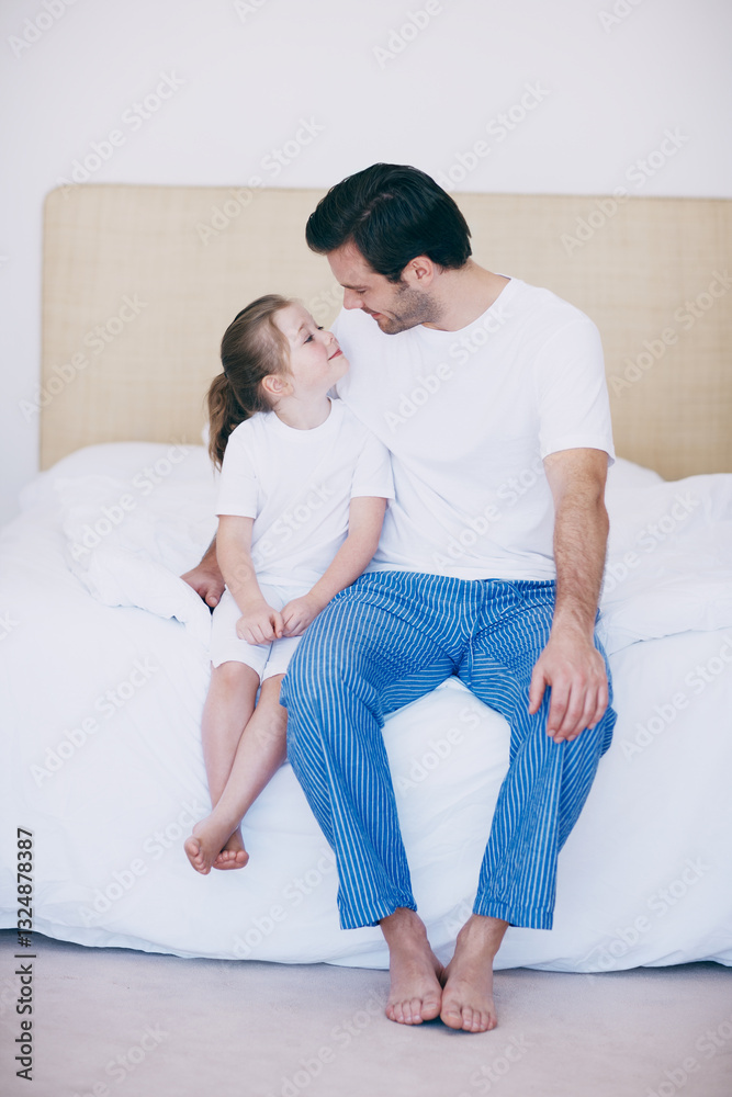 Daughter, dad and morning to relax in home, hug and love for kid in childhood relationship. Peace, comfortable and embrace for protection or security, support girl and gratitude to father in bedroom Daughter, dad and morning to relax in home, hug and love for kid in childhood relationship. Peace, comfortable and embrace for protection or security, support girl and gratitude to father in bedroom