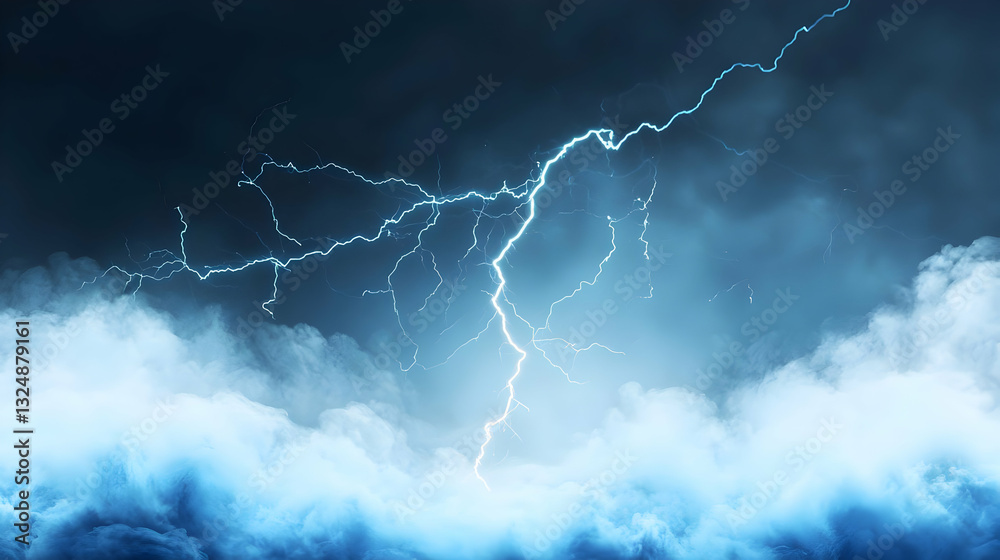 Dramatic Lightning Strike Through Dark Blue Clouds in a Night Sky with Bright Flash and Intense Atmosphere Dramatic Lightning Strike Through Dark Blue Clouds in a Night Sky with Bright Flash and Intense Atmosphere