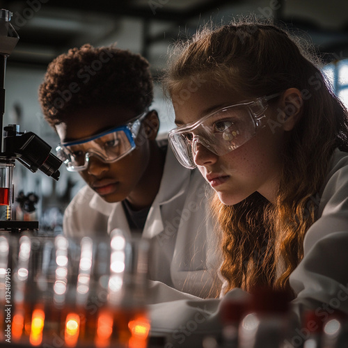 Two students engaged in a chemistry experiment during afternoon class in a laboratory setting
