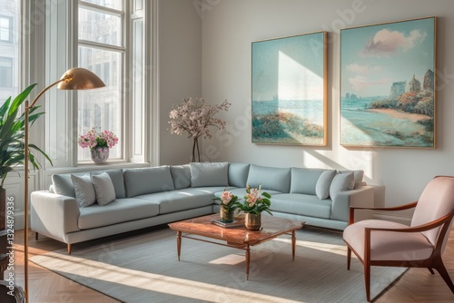 Obraz na płótnie A modern living room with a pale gray sectional and a rosewood armchair, surrounding an art deco-inspired coffee table w salonie
