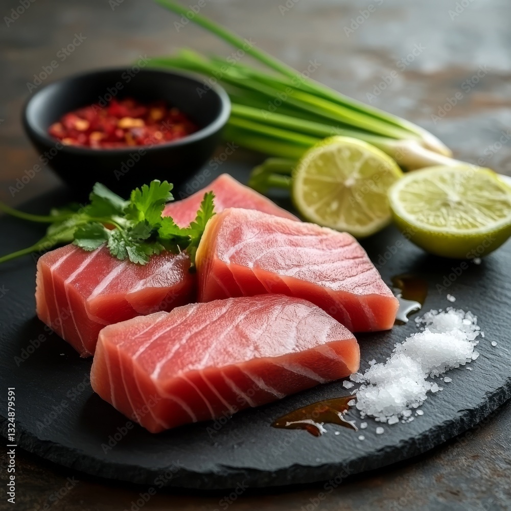 Tuna steaks on slate board with lime, chili oil, salt, coriander, lemongrass. Tuna steaks on slate board with lime, chili oil, salt, coriander, lemongrass.