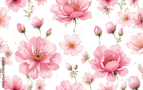 Watercolor Pink Flower Pattern Illustration on White Background for Print