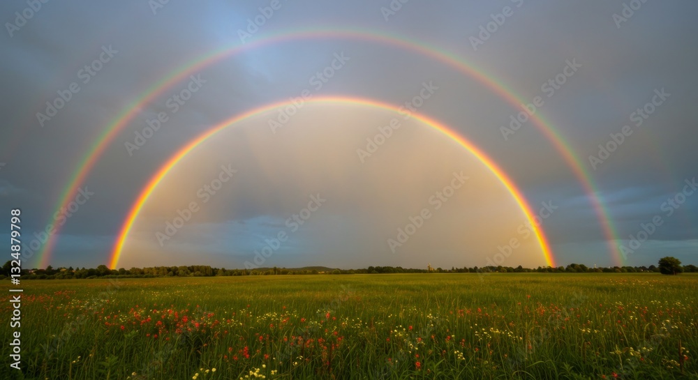 Captivating Double Rainbow Over Wildflower Meadow in Atmospheric Sky Captivating Double Rainbow Over Wildflower Meadow in Atmospheric Sky